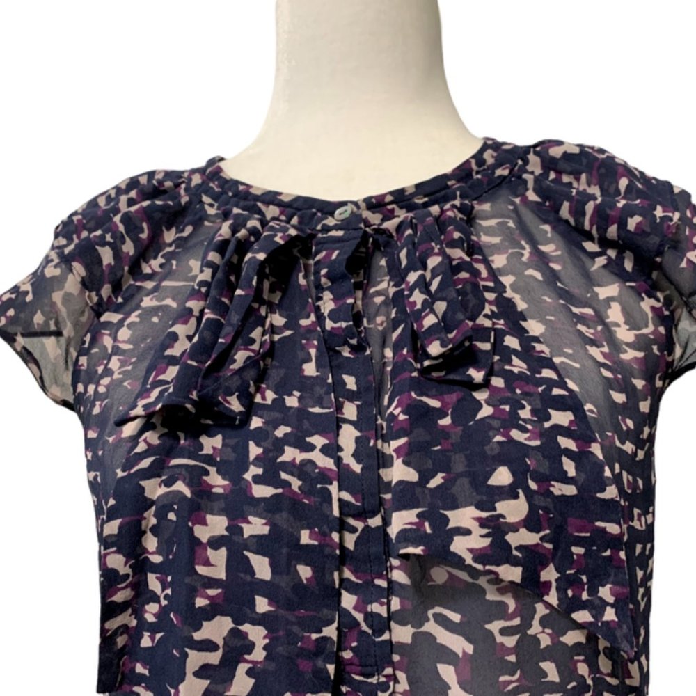 Ann Taylor Graphic Sheer Ruffle Silk Top Small - Picture 1 of 12
